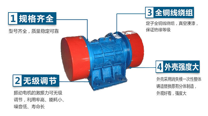VB振動電機特點：1，規格齊全：型號齊全，質量穩定可靠。2，無極調節：振動電機的激振力可無極調節，利用率高，能耗小，噪音低，壽命長。4，外殼輕度大：外殼采用消失模一次性整體鑄造替換原有分體制造，外觀好看，強度大。