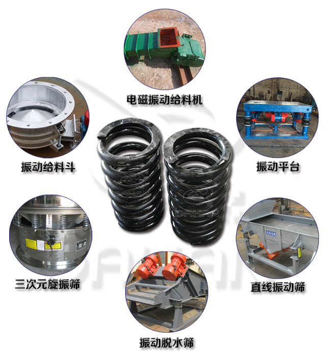 旋振篩減震彈簧適用產品：振動給料機，電磁振動給料機，振動平臺，直線振動篩，振動脫水篩，三次元旋振篩。