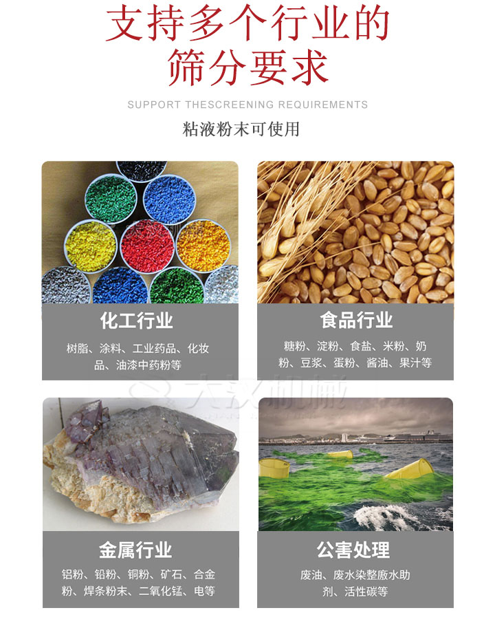 適用于化工行業，食品行業，金屬行業，以及公害處理等行業?；ば袠I：樹脂，涂料，工業藥品，化妝品，油漆，中藥粉等;食品行業：糖粉，淀粉，食用鹽，米粉，奶粉，豆漿，蛋粉，醬油，果汁等;金屬行業：鋁粉，鉛粉，銅粉，礦石，合金粉，焊條粉末，二氧化錳，電等。公害處理：廢油，廢水染整廒水助劑，活性炭等。超聲波振動篩支持挑選定制常見的有：不銹鋼，碳鋼，全不銹鋼三種規格。不銹鋼：耐腐蝕，耐高溫適合化工行業,碳鋼：鋼性強，硬度高經久耐用,全不銹鋼：機身經久耐用不易生銹不易腐蝕超聲波振動篩共有一到四層可供選擇。大漢超聲波振動篩優勢：篩分效率高，篩分精度高，產量可提高0.5-10倍適用于：大米，米粉，綠豆，小米等。輕松解決堵網問題適用10目-635目之間的物料。
