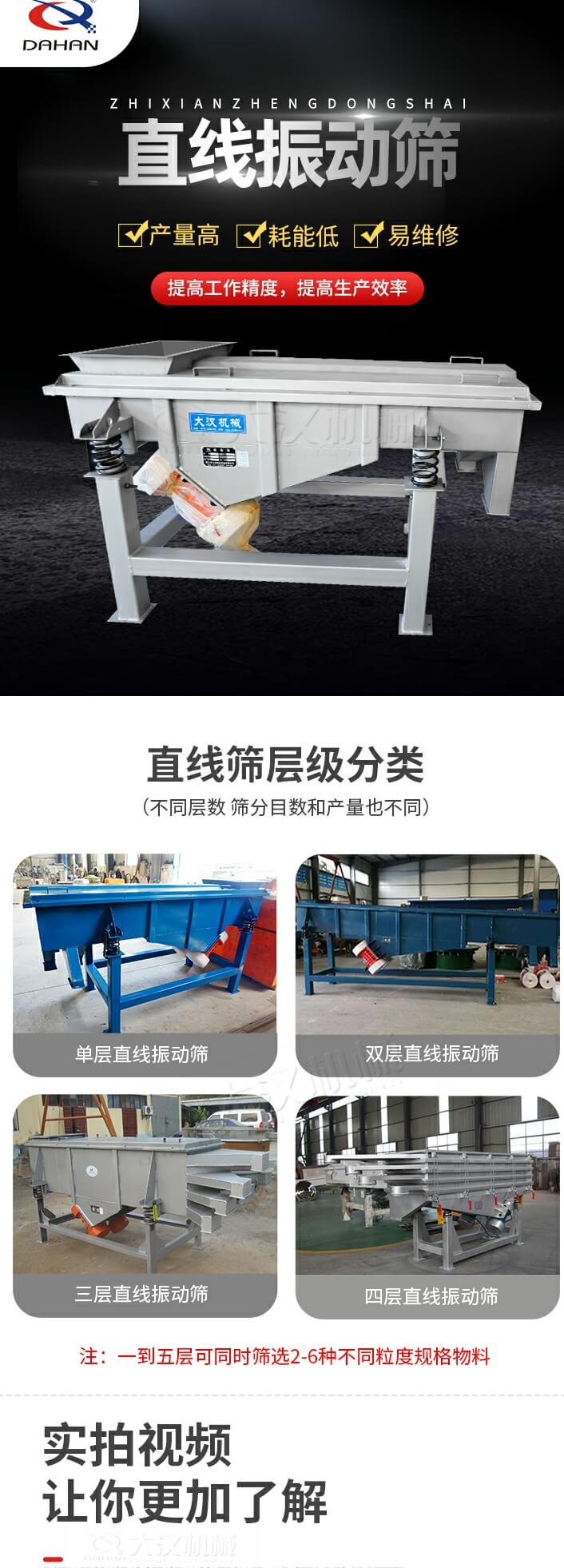 直線振動篩特點：產量高，耗能低，易維修同時能夠提高工作精度，提高生產效率等優勢。直線振動篩層級分類：單層，雙層，三層，四層等不同層數，篩分目數和產量也會有所不同。直線振動篩篩分塑料顆粒試機現場：塑料顆粒從入料口進入直線振動篩，由雙電機帶動機體振動，產生的振動頻率使大小不一的塑料顆粒被篩網篩分，自動分層排料,篩分效率高