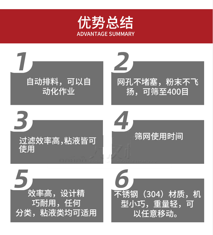 過濾篩優勢總結：1，自動排料，可以自動化作用。2，網孔不堵塞，粉塵不飛揚，可篩至400目。3，過濾效率高，任何粒，粉，粘液也可使用。4，篩網設計大大提高了篩網使用時間，也魏換網提高了方便。5，效率高，設計精巧耐用，任何分類設計精巧耐用，任何分類，粘液類均可適用。6，不銹鋼材質機型小巧，重量輕，可以任意移動。