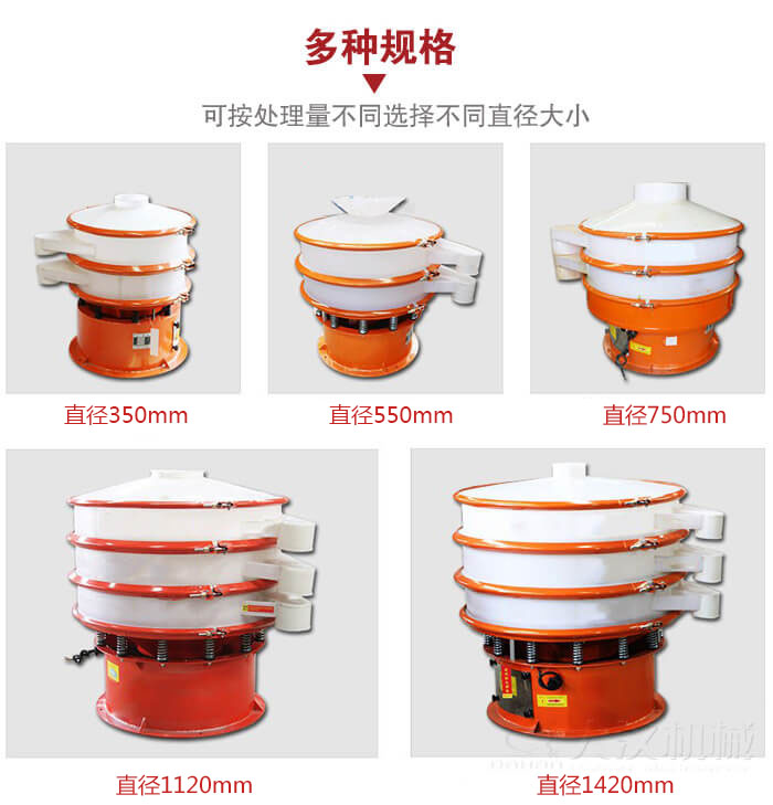 塑料振動篩不同篩分直徑進行展示：350，550，750，1120，1420等。