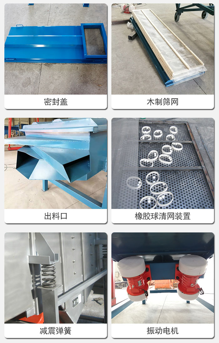 直線篩結構展示：篩網，篩箱，振動電機，振動電機座，減震彈簧，支架等部件展示圖