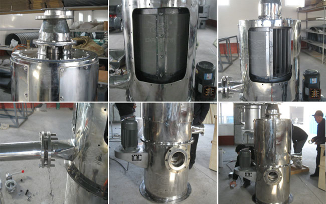 小型立式氣流篩細節：立式氣流篩篩網，立式氣流篩出料口，立式氣流篩電機。