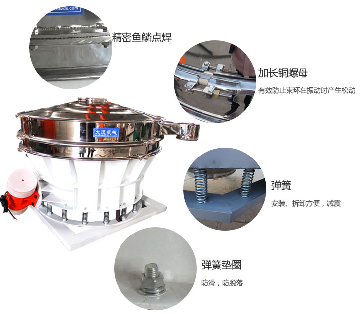 1500直排篩細節展示：彈簧，彈簧墊圈，加長銅螺母。