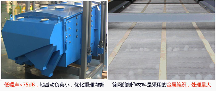 方形搖擺篩采用低噪聲<75dB，地基動負荷小，優化重理均衡；篩網的制作材料是采用的金屬編織，處理量大。