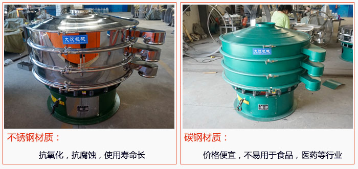 800型振動篩有不銹鋼和碳鋼兩種材質，不銹鋼材質：抗氧化，抗腐蝕，使用壽命長 碳鋼材質：價格便宜，不易篩分食品，化工，醫藥等行業的物料。