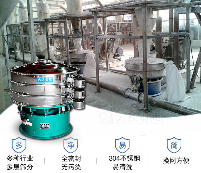 多種行業多層篩分采用全密封結構，無污染。304不銹鋼材質易清洗。同時換網方便。