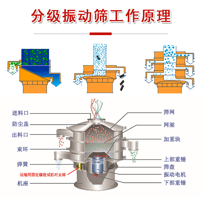 分級振動篩內部結構：進料口，防塵蓋，出料口，束環，彈簧，機座，篩網，網架，上部重錘，振動電機，下部重錘。