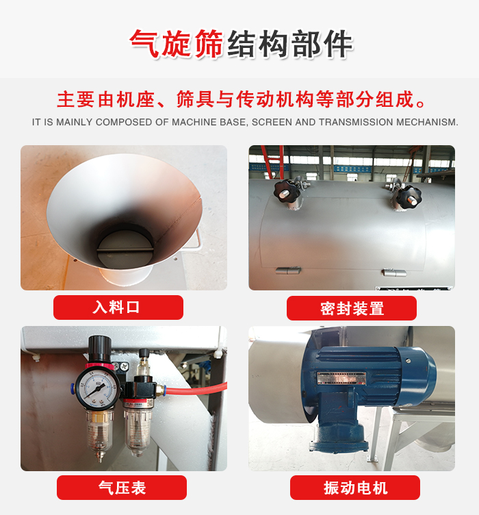 氣旋篩結構：入料口，密封裝置，電機，氣壓表等