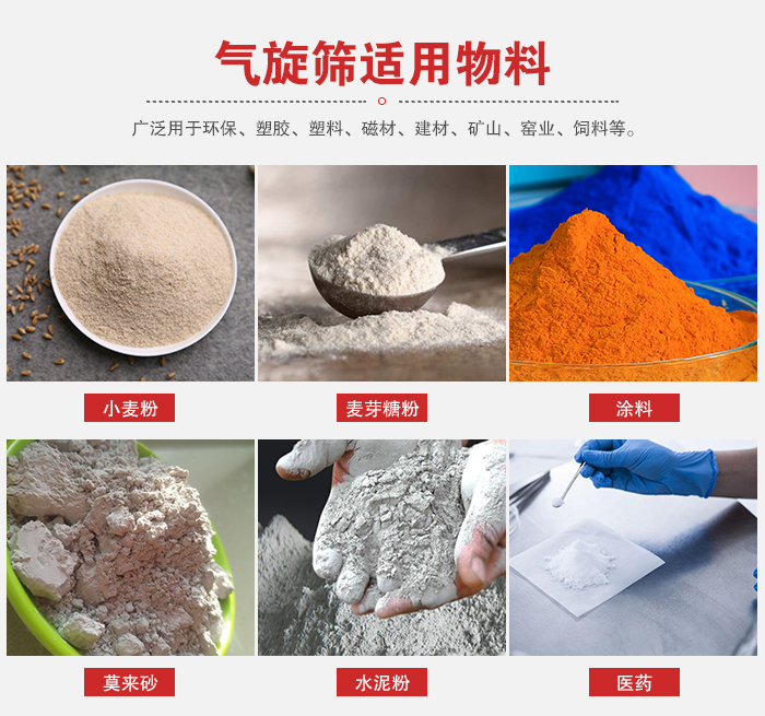氣旋篩適用物料：小麥粉，麥芽糖粉，涂料，等粉狀物料。